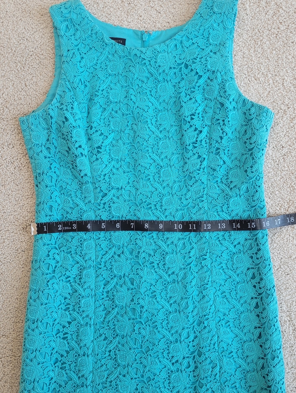 Talbots Turquoise Lace Sheath Dress Sleeveless Knee Length Lined Elegant Size 6 - Picture 7 of 13